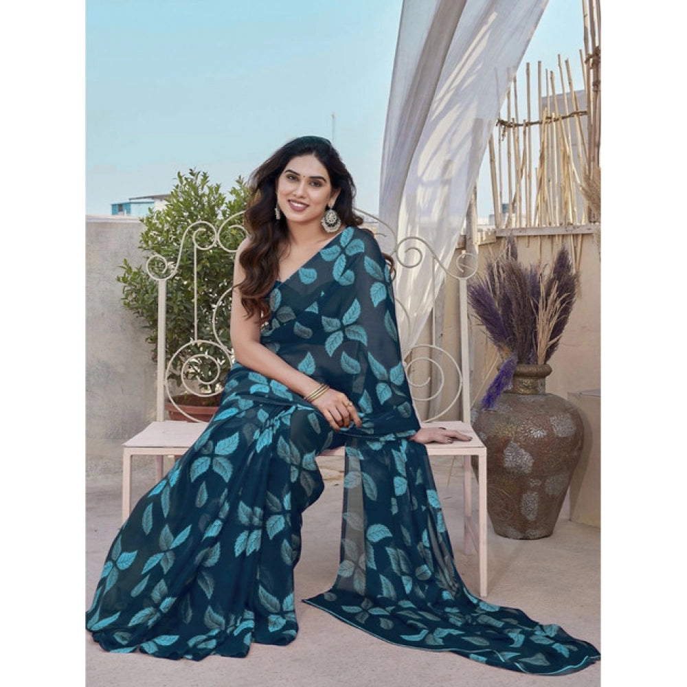 Amfyn Women's Chiffon Printed Saree With Unstitched Blouse 5.5Mtr (Blue)