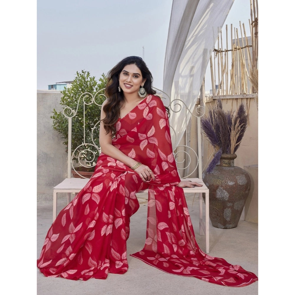 Amfyn Women's Chiffon Printed Saree With Unstitched Blouse 5.5Mtr (Red)