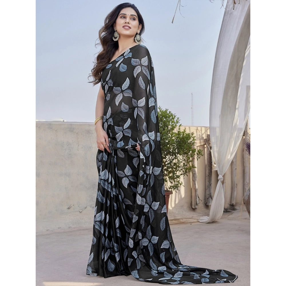 Amfyn Women's Chiffon Printed Saree With Unstitched Blouse 5.5Mtr (Black)