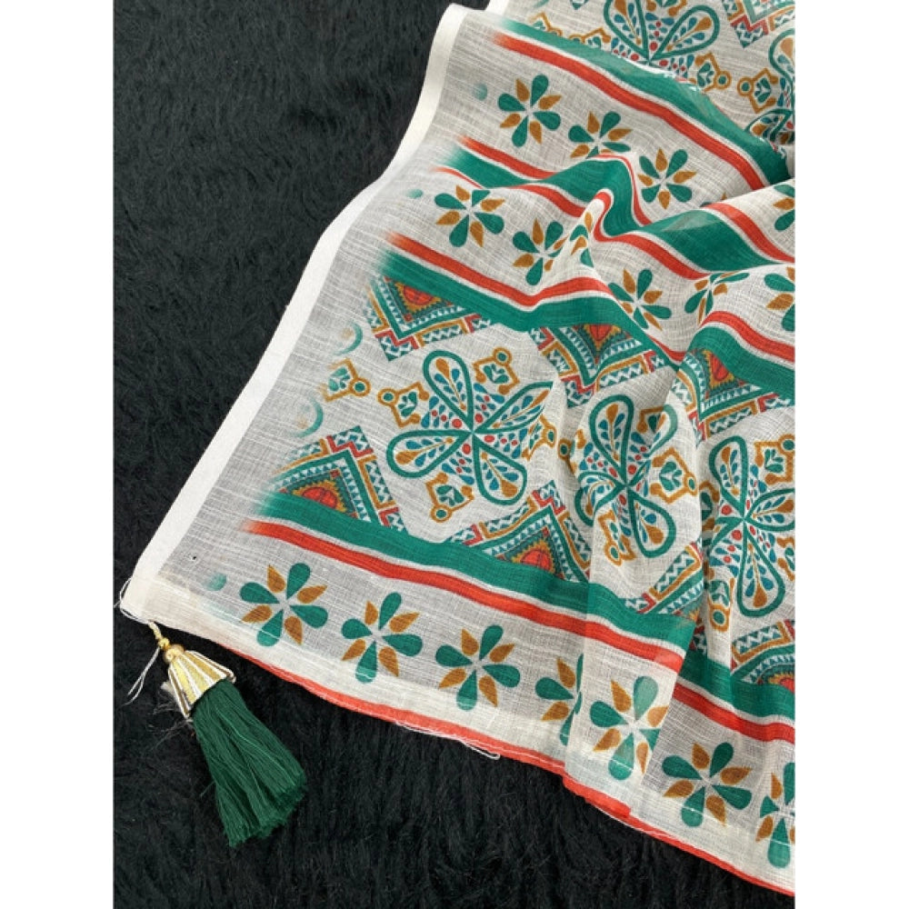 Amfyn Women's Linen Cotton Printed Saree With Unstitched Blouse 5.5Mtr (Green)
