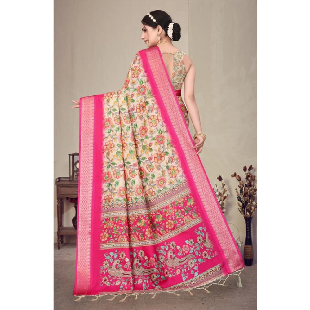 Amfyn Women's Cotton Silk Printed Saree With Unstitched Blouse 5.5Mtr (Pink)