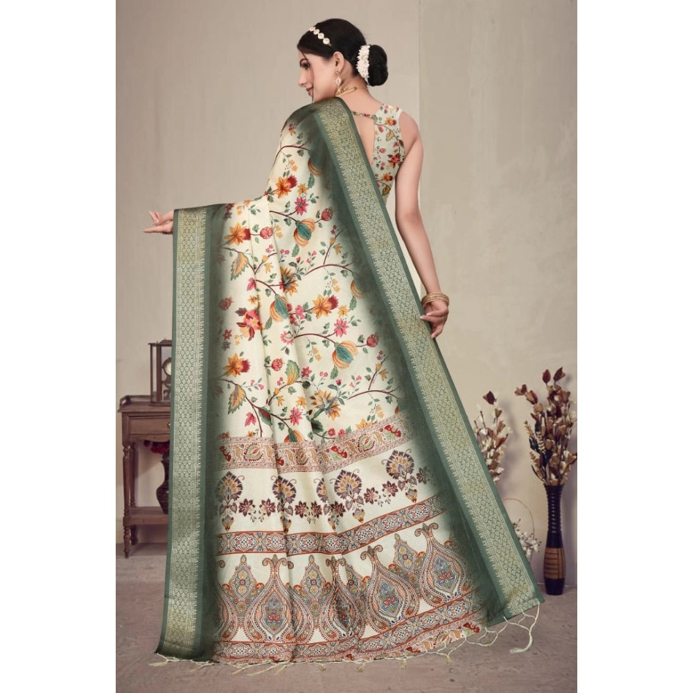 Amfyn Women's Cotton Silk Printed Saree With Unstitched Blouse 5.5Mtr (Green)