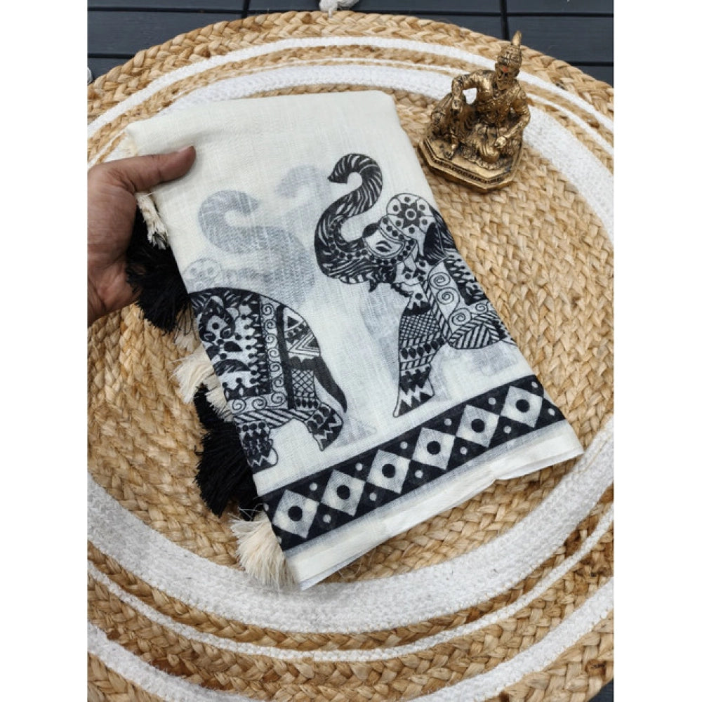 Amfyn Women's Linen Cotton Printed Saree With Unstitched Blouse 5.5Mtr (Cream & Black)