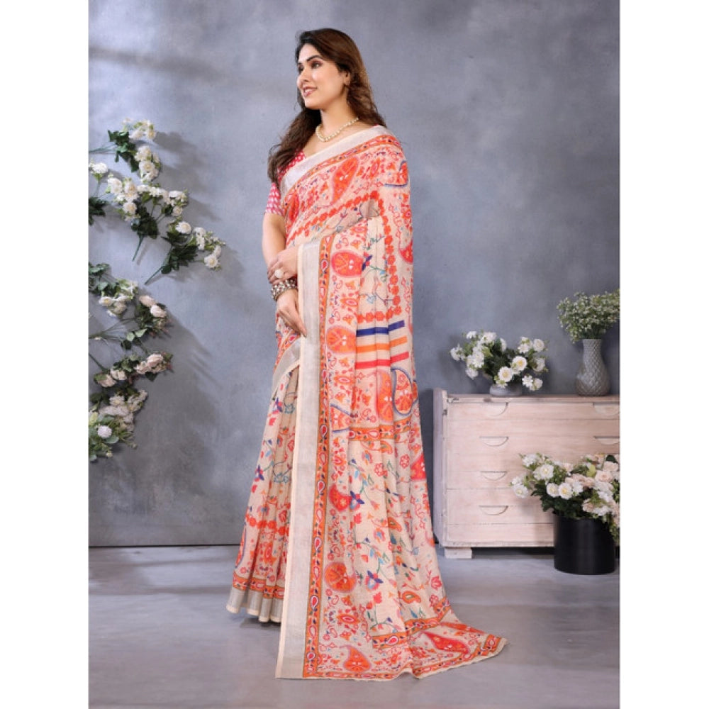 Amfyn Women's Linen Cotton Printed Saree With Unstitched Blouse 5.5Mtr (Orange )