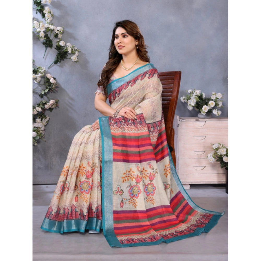 Amfyn Women's Linen Cotton Printed Saree With Unstitched Blouse 5.5Mtr (Cream)