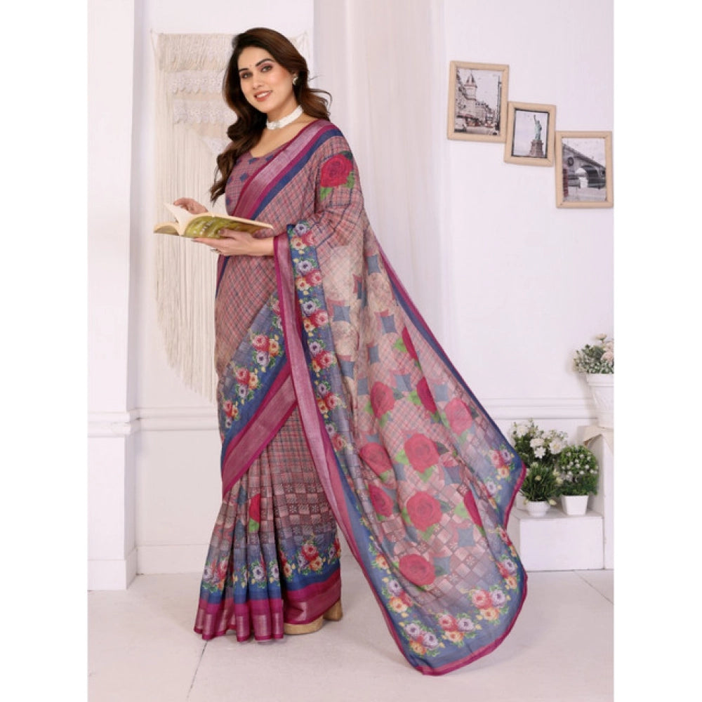 Amfyn Women's Linen Cotton Printed Saree With Unstitched Blouse 5.5Mtr (Wine )