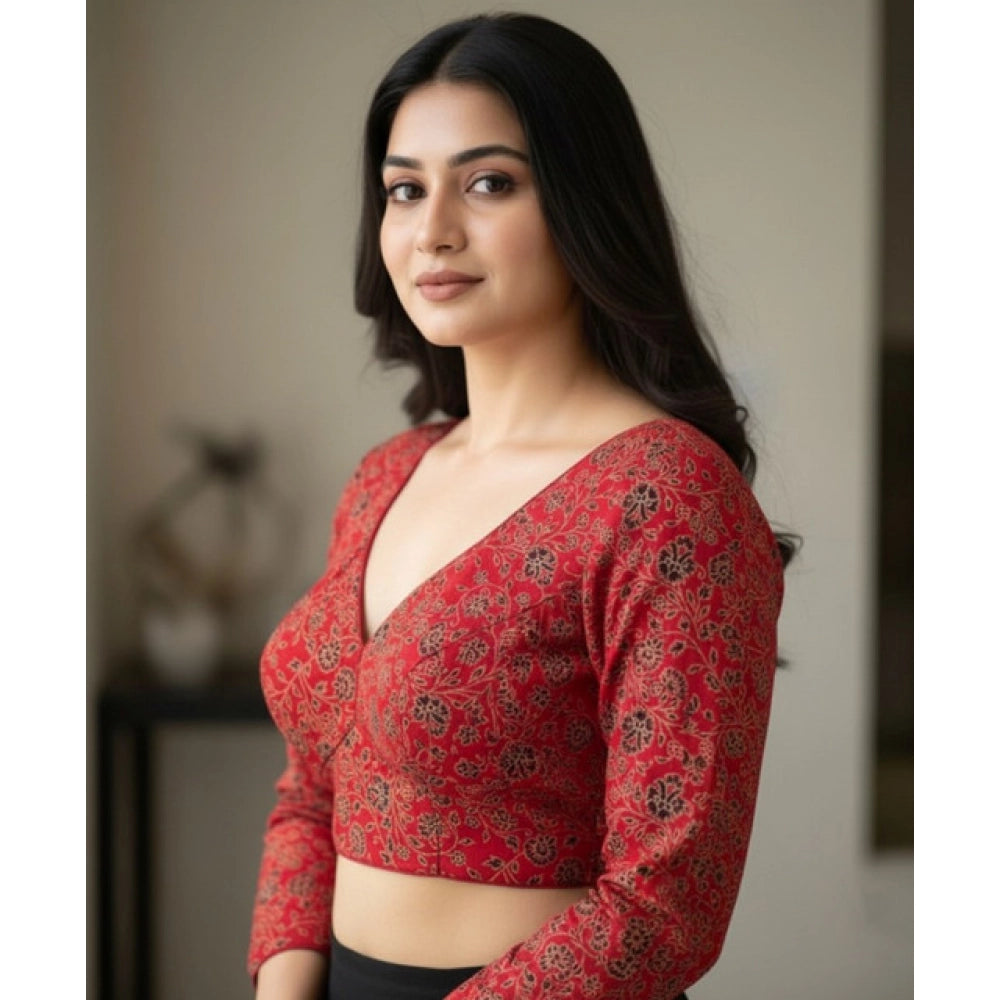Amfyn Women's Ajrakh Cotton Printed V-Neck Padded Blouse (Red 38 Ready (Self Alterable 36–40)