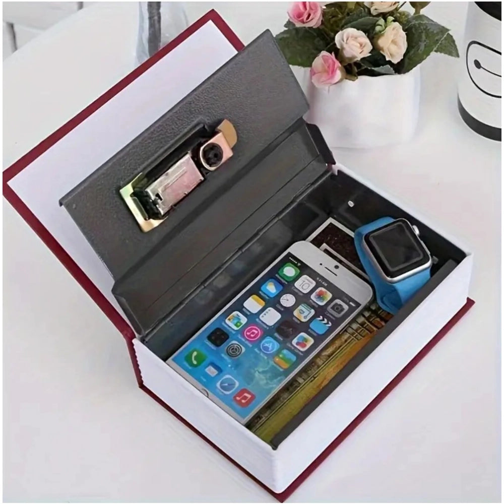Open brown book safe with number-lock compartment holding smartphone and watch