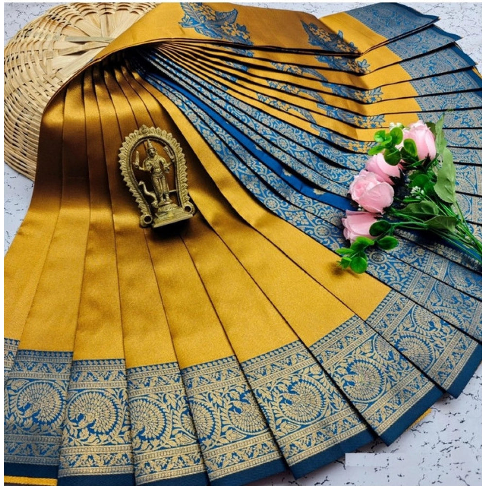 Amfyn Women's Soft Silk Printed Saree With Unstitched Blouse 5.5Mtr (Golden Yellow)