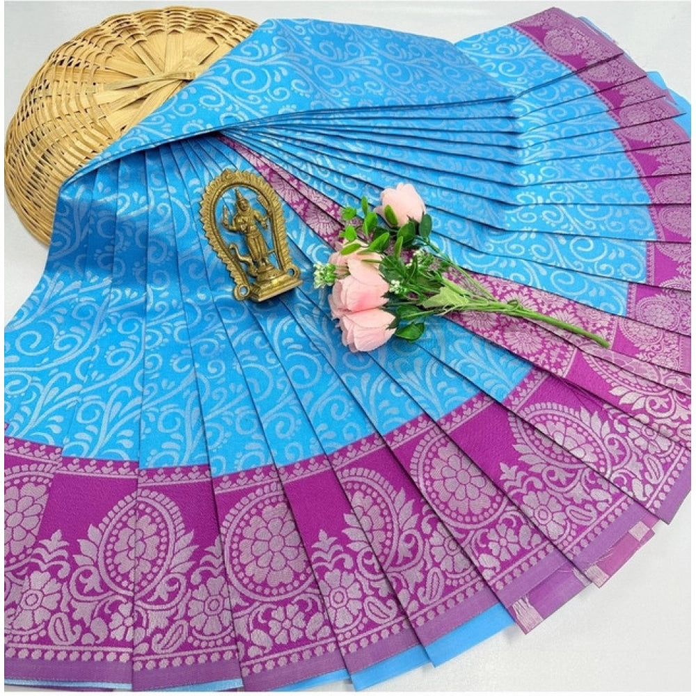 Amfyn Women's Soft Silk Printed Saree With Unstitched Blouse 5.5Mtr (Sky Blue)