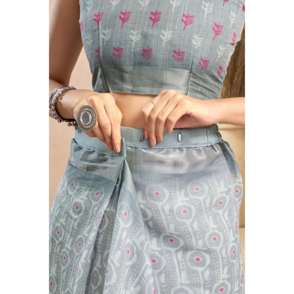 Amfyn Women's Faux_Linen Printed Ready-to-Wear Saree With Unstitched Blouse 5.5 Mtr (Grey)