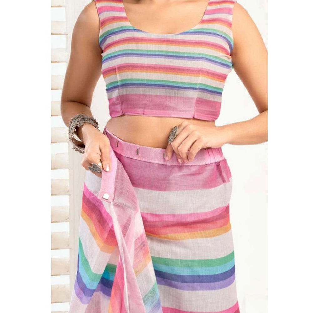 Amfyn Women's Faux_Linen Printed Ready-to-Wear Saree With Unstitched Blouse 5.5 Mtr (Multicolor)