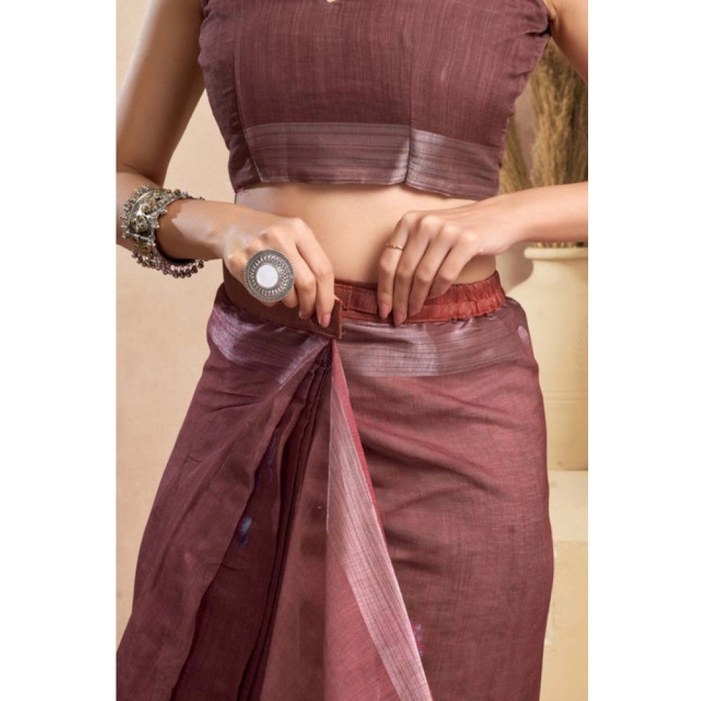 Amfyn Women's Faux_Linen Printed Ready-to-Wear Saree With Unstitched Blouse 5.5 Mtr (Brown)