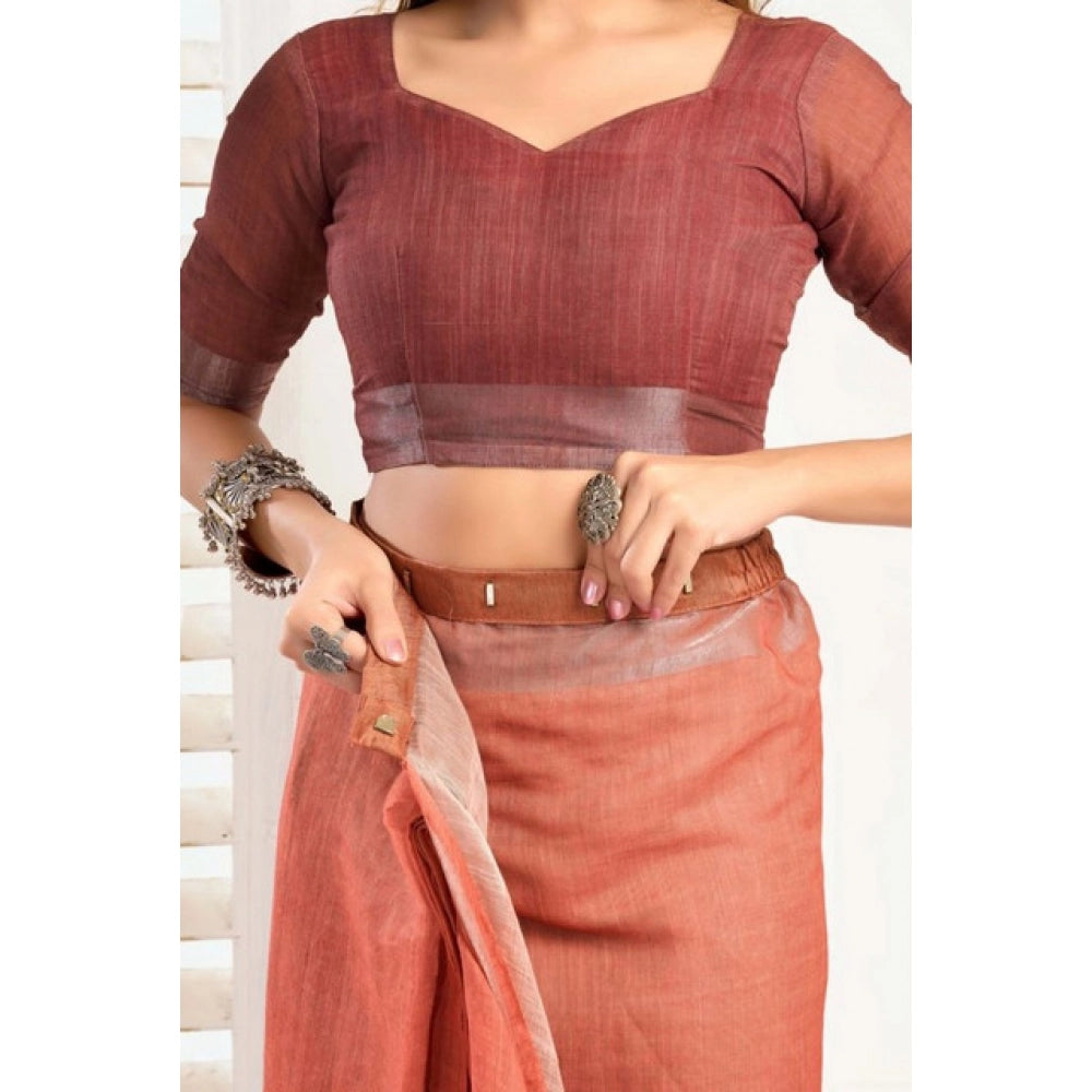 Amfyn Women's Faux_Linen Printed Ready-to-Wear Saree With Unstitched Blouse 5.5 Mtr (Rust)