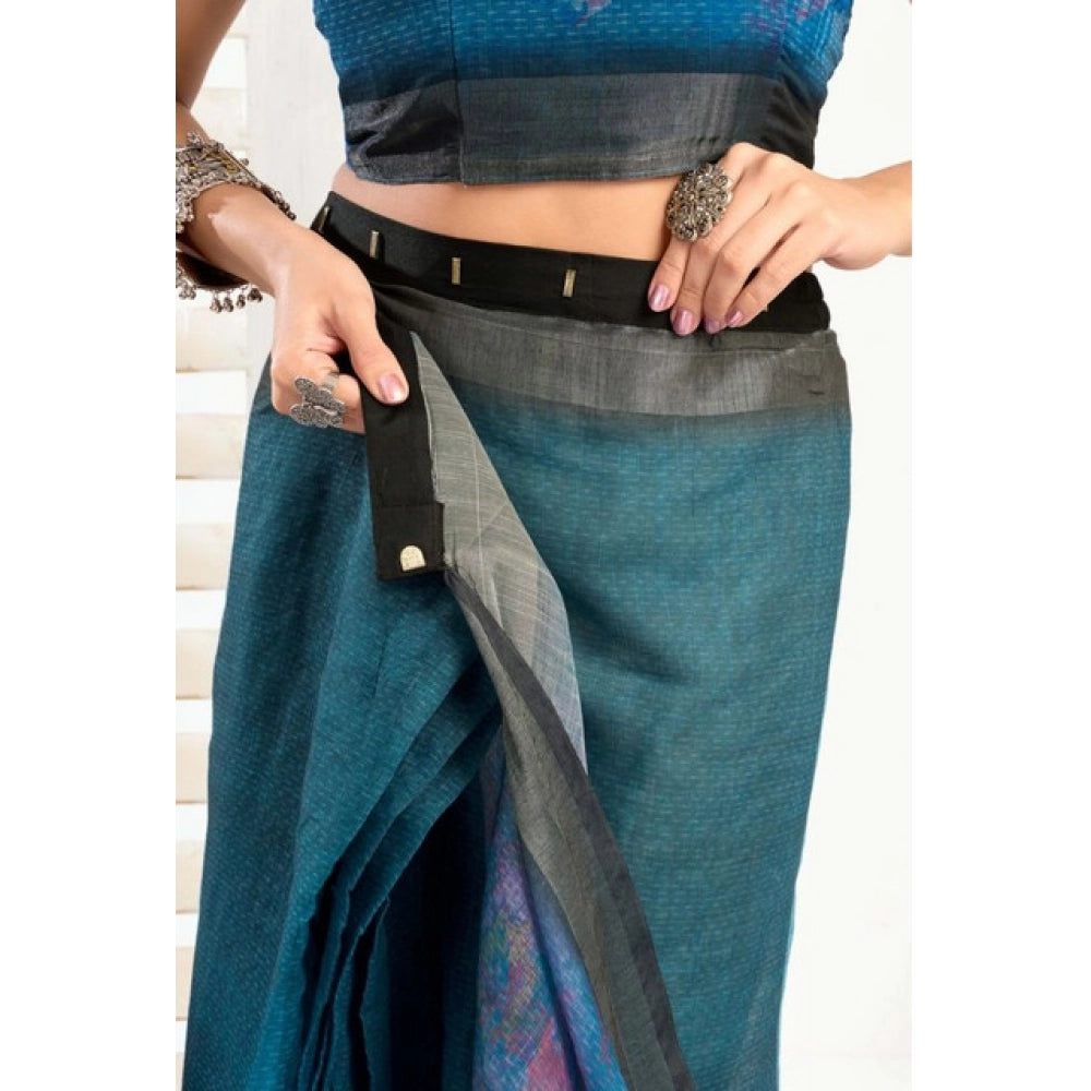 Amfyn Women's Faux_Linen Printed Ready-to-Wear Saree With Unstitched Blouse 5.5 Mtr (Teal)