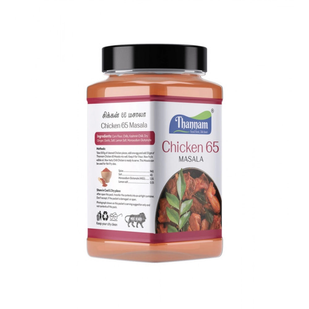 Thannam Chicken 65 masala powder bottle, back label with cooking directions text