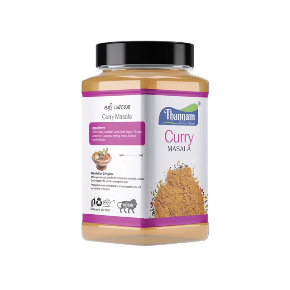 Thannam Curry Masala powder jar with ingredient panel, black lid
