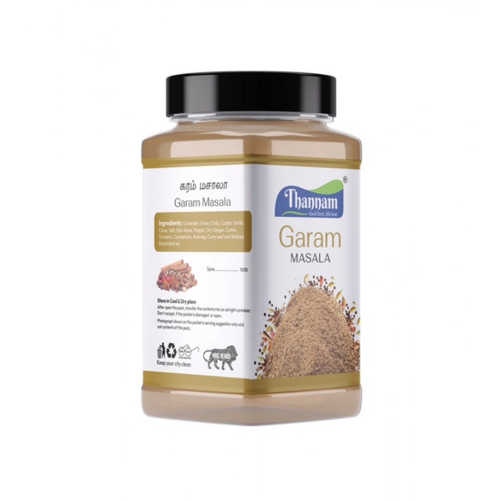 Thannam garam masala powder jar, side label with ingredient and usage text