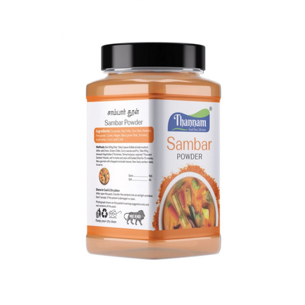 Thannam sambar powder bottle with side label and ingredient text