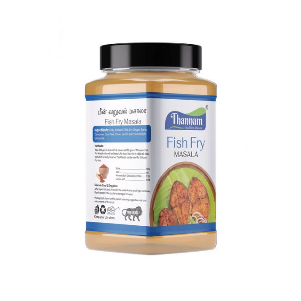 Thannam Fish Fry masala powder jar, side label with ingredients text