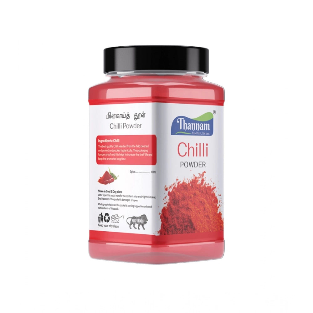 Thannam Chilli powder jar, side label and red chili powder illustration