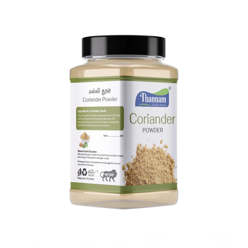 Thannam coriander powder jar, side label with description