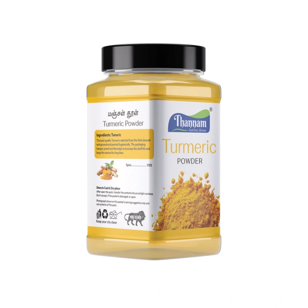 Thannam turmeric powder jar showing side label with product info and Turmeric name