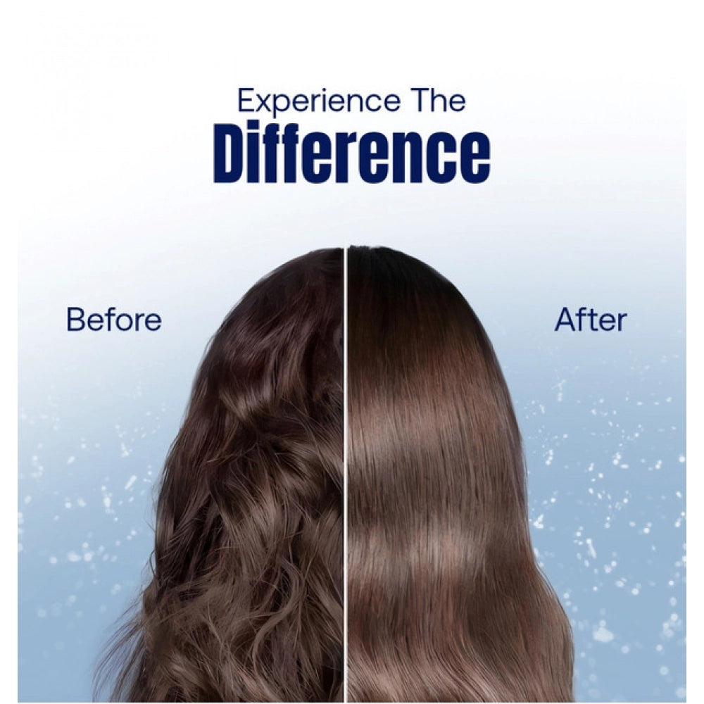 Before-and-after hair comparison with long dark hair and keratin shampoo