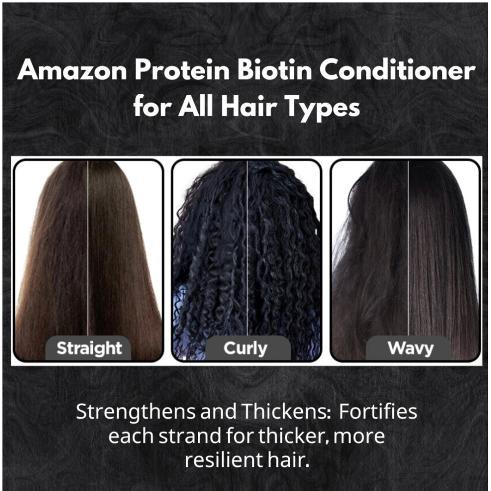 Protein biotin conditioner shown for all hair types: straight, curly, wavy.