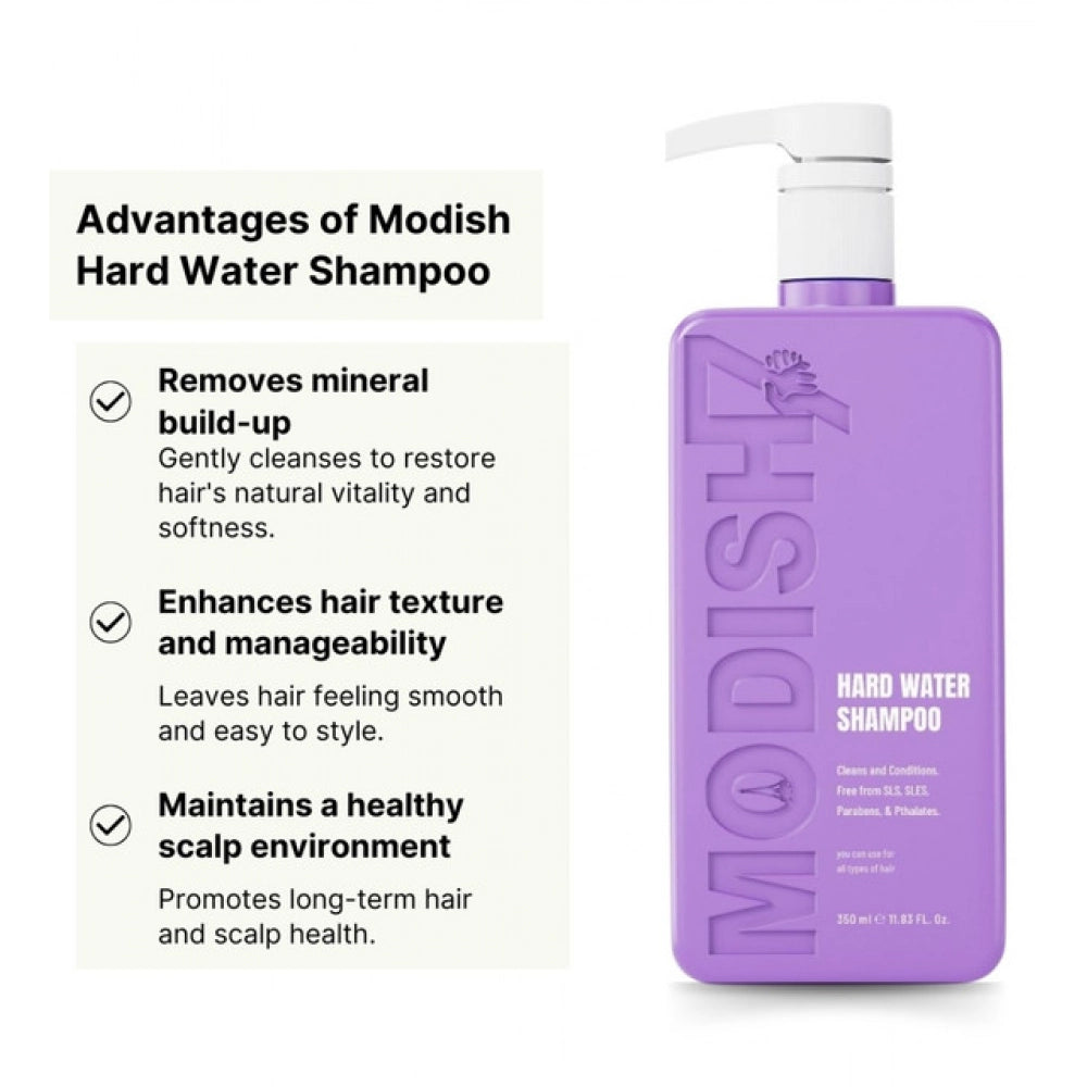 Purple hard water shampoo bottle with white pump, benefit callouts on side