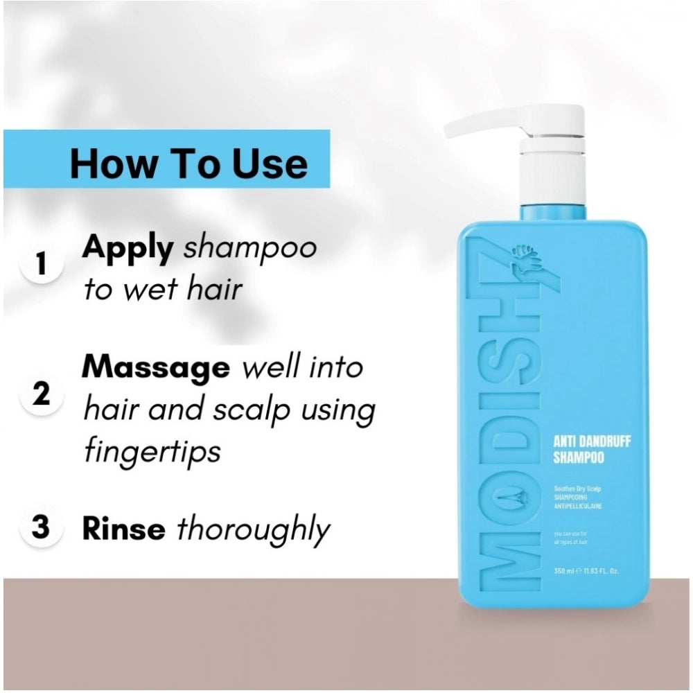 Blue anti-dandruff shampoo bottle with white pump dispenser, shown with use steps