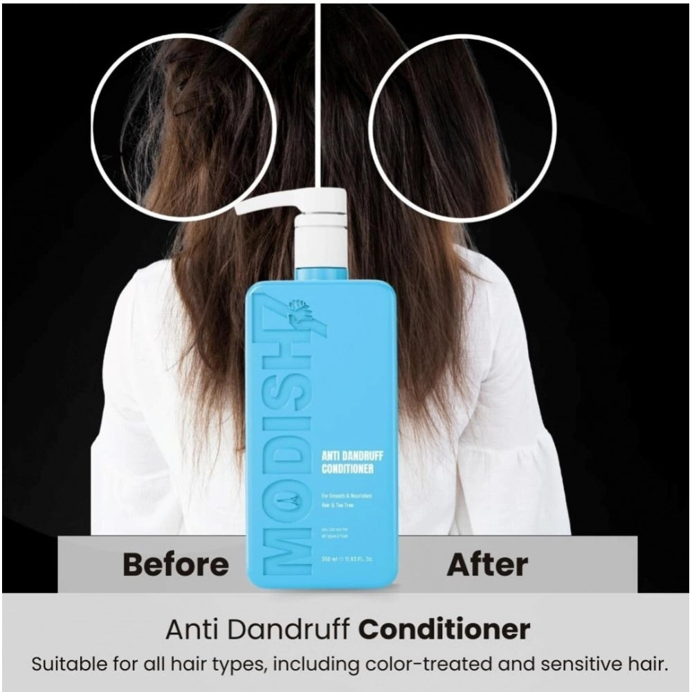 Blue anti-dandruff conditioner bottle with white pump, before-and-after hair panel