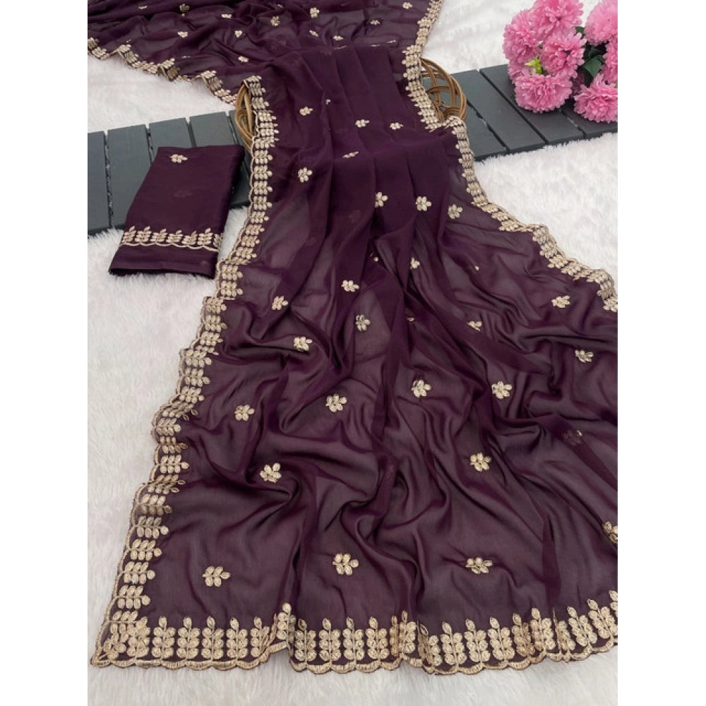Amfyn Women's Georgette Embroidered Saree With Unstitched Blouse 5.5Mtr (Wine)