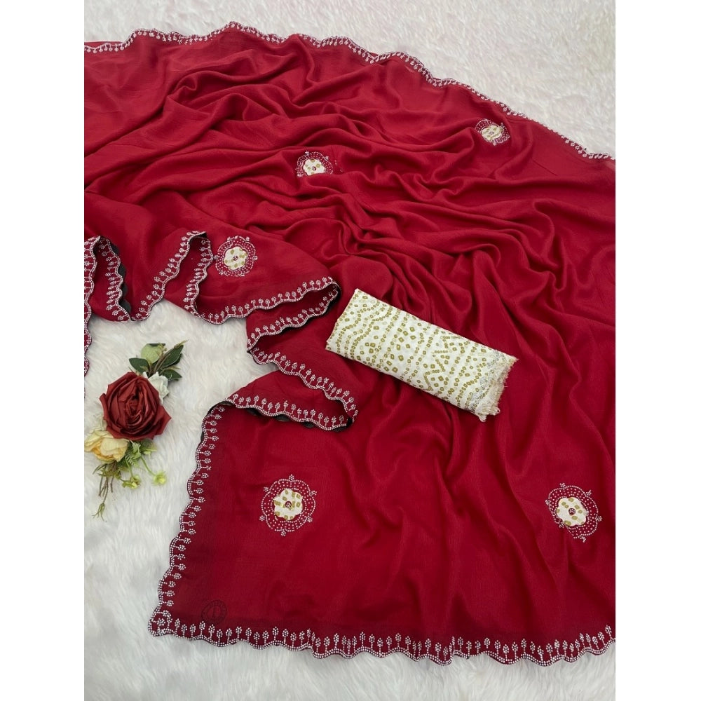 Amfyn Women's Chiffon Butti Dotted Saree With Unstitched Blouse 5.5Mtr (Red)