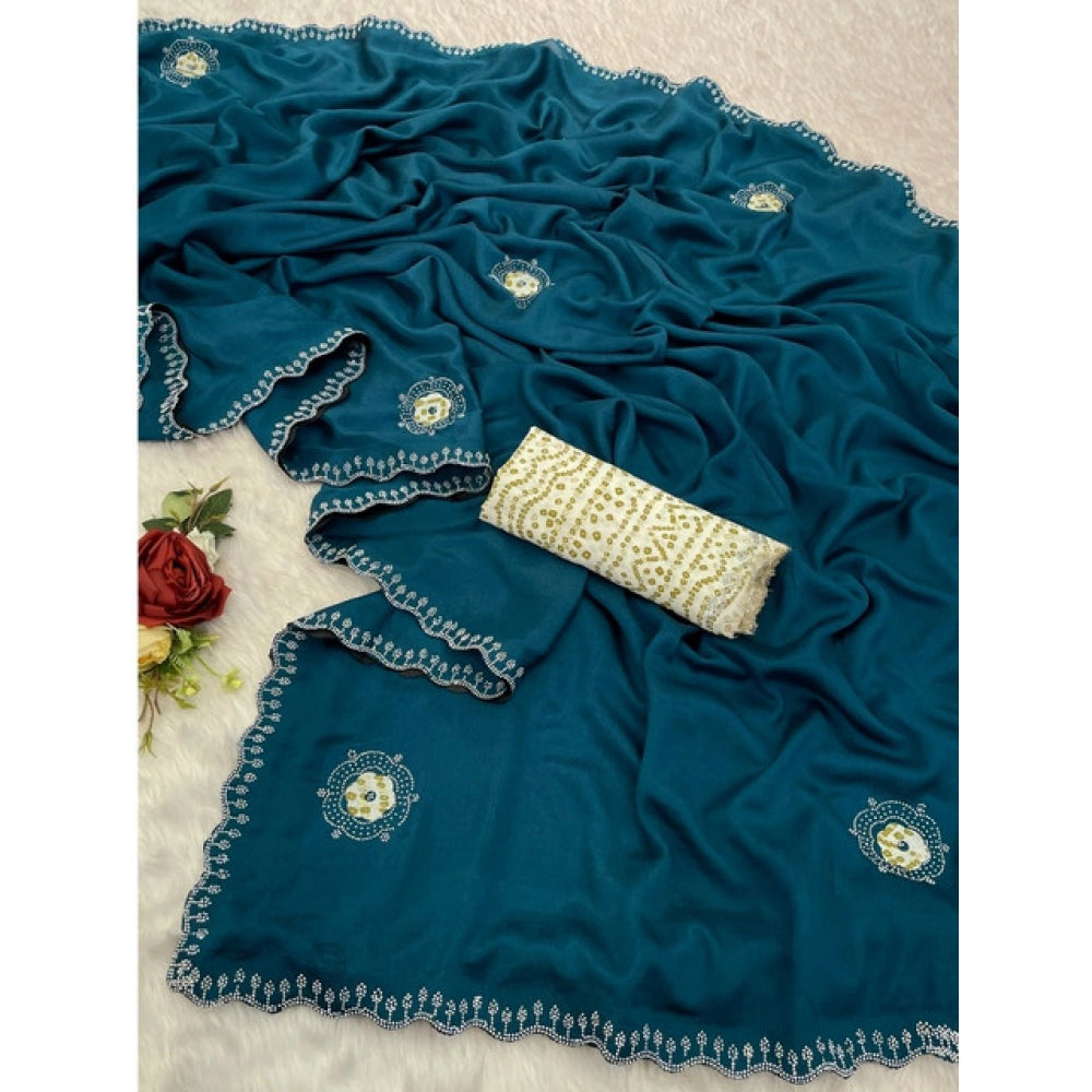 Amfyn Women's Chiffon Butti Dotted Saree With Unstitched Blouse 5.5Mtr (Blue)