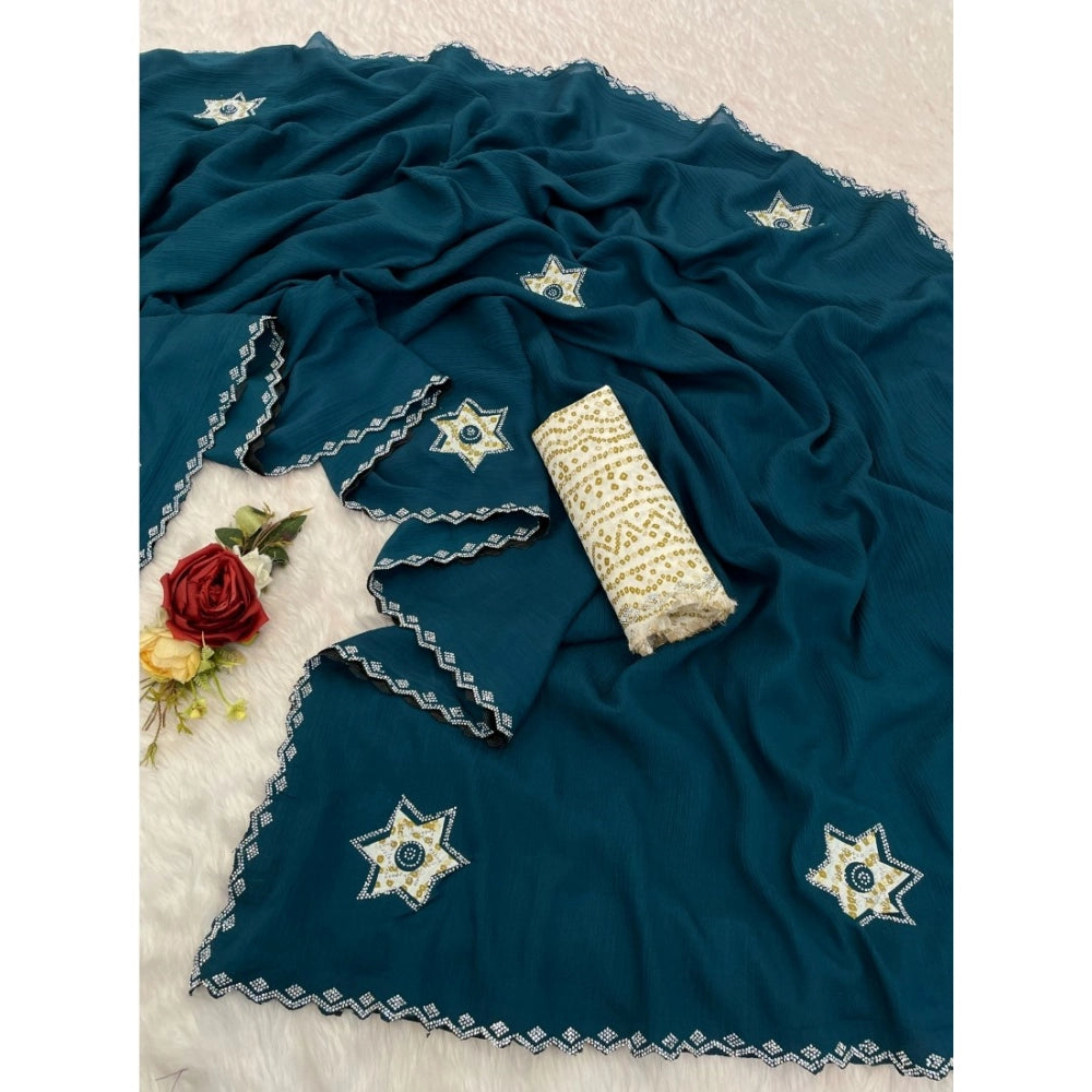 Amfyn Women's Chiffon Butti Dotted Saree With Unstitched Blouse 5.5Mtr (Blue)