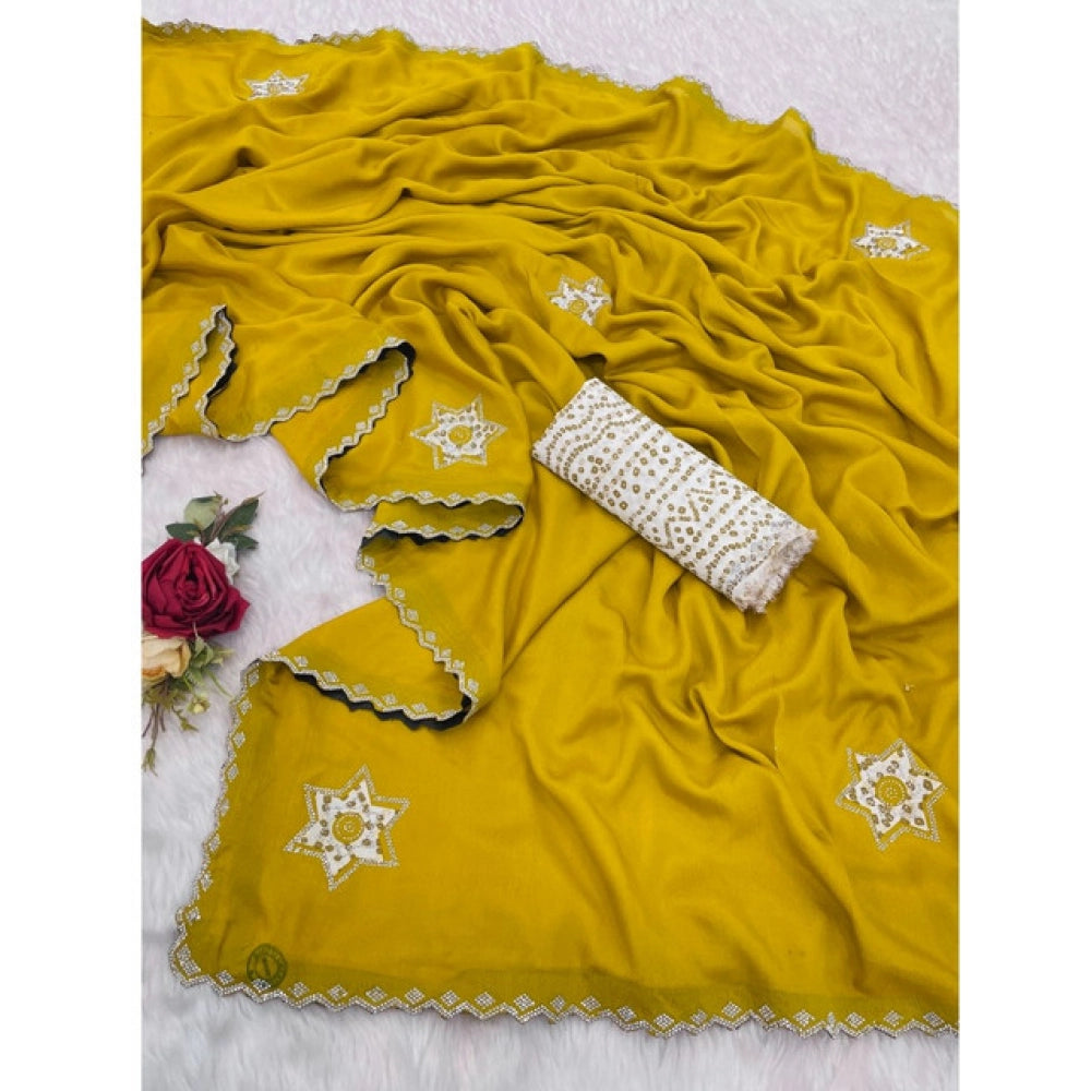 Amfyn Women's Chiffon Butti Dotted Saree With Unstitched Blouse 5.5Mtr (Yellow)