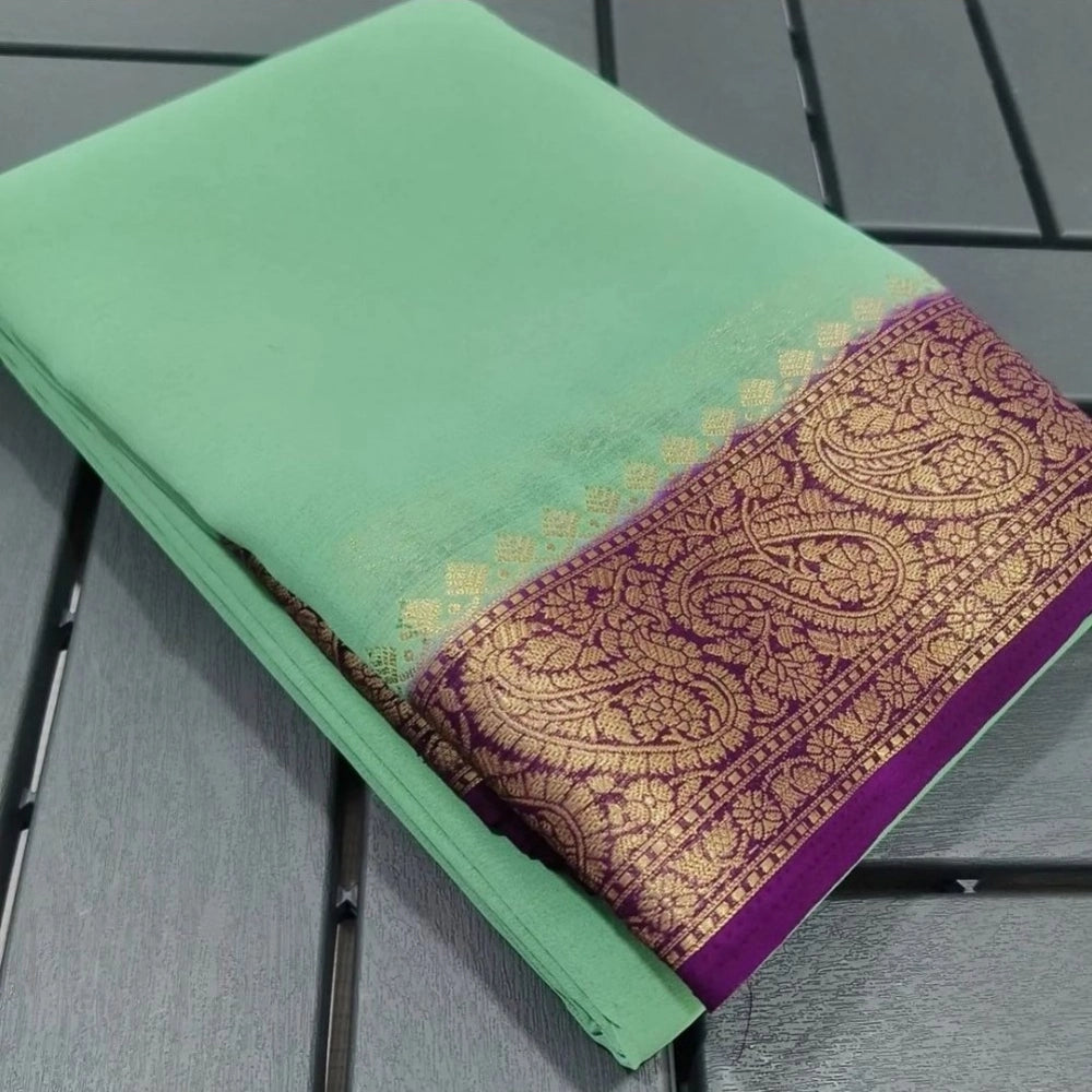 Amfyn Women's Crepe Chit Pallu Solid Saree With Unstitched Blouse 5.5Mtr (Light Green)