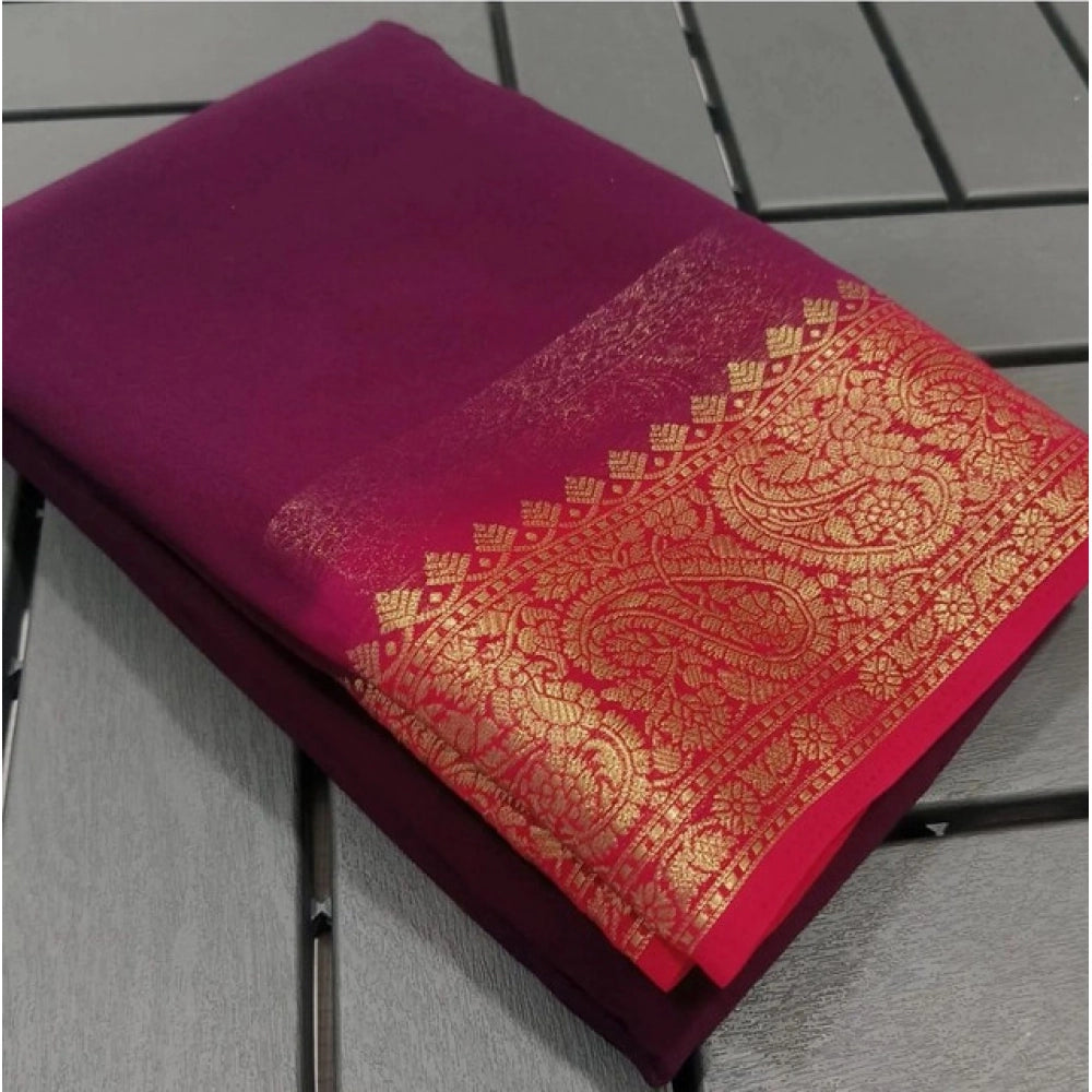 Amfyn Women's Crepe Chit Pallu Solid Saree With Unstitched Blouse 5.5Mtr (Pink)