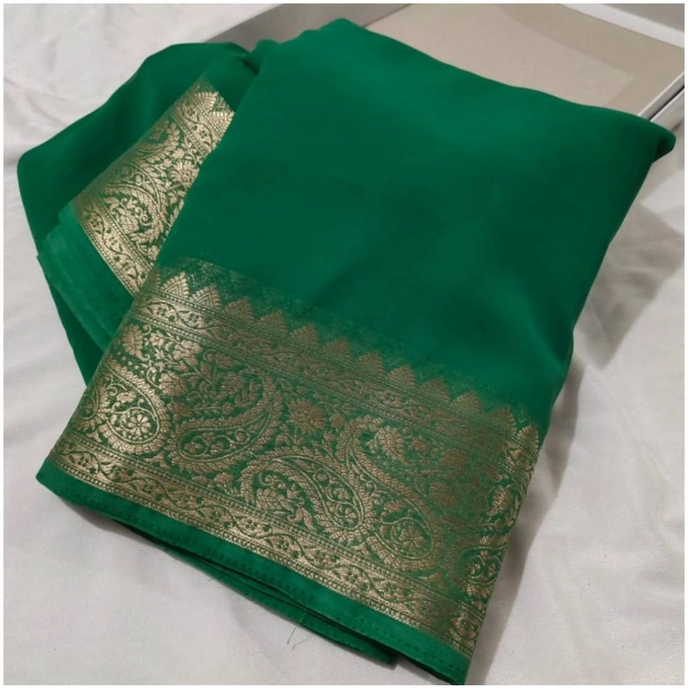 Amfyn Women's Crepe Chit Pallu Solid Saree With Unstitched Blouse 5.5Mtr (Green)