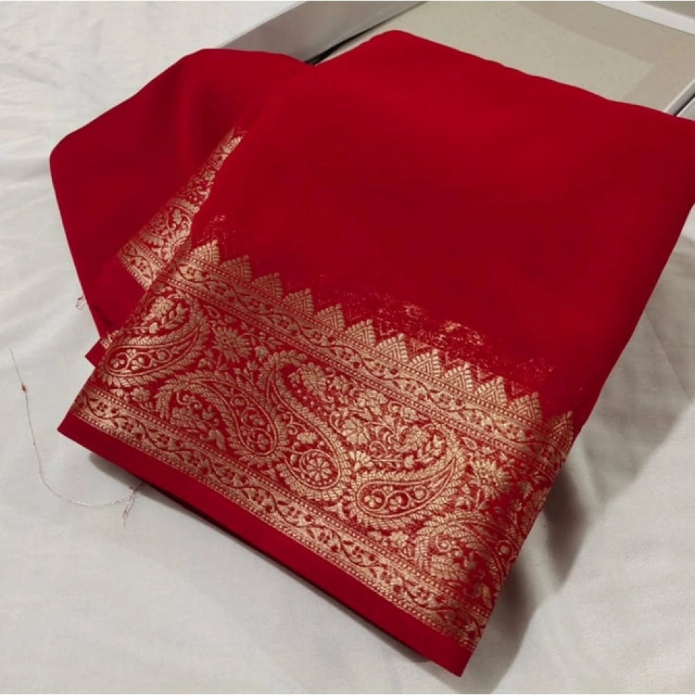 Amfyn Women's Crepe Chit Pallu Solid Saree With Unstitched Blouse 5.5Mtr (Red)