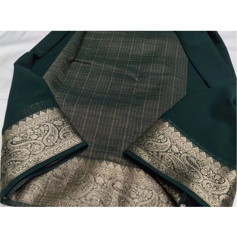 Amfyn Women's Crepe Chit Pallu Solid Saree With Unstitched Blouse 5.5Mtr (Bottle Green)