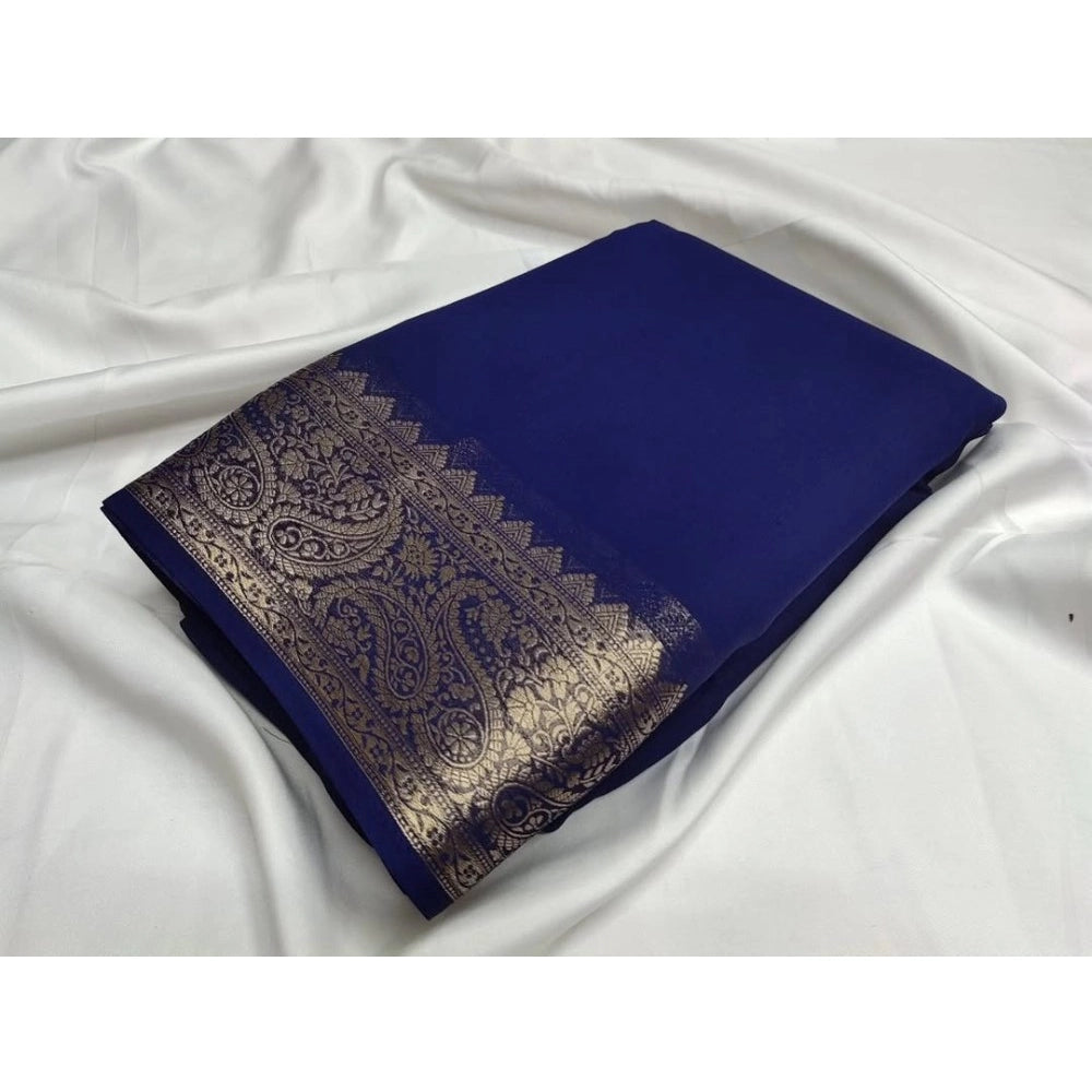 Amfyn Women's Crepe Chit Pallu Solid Saree With Unstitched Blouse 5.5Mtr (Blue)