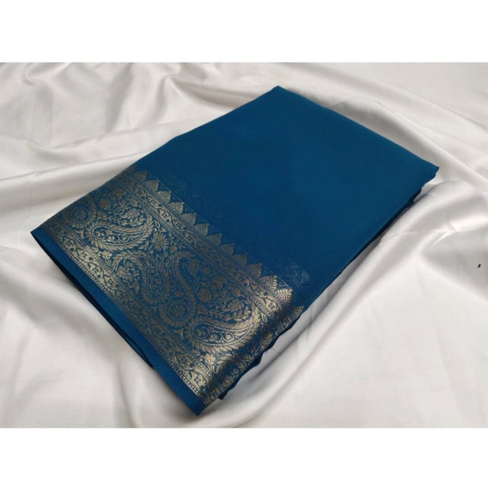 Amfyn Women's Crepe Chit Pallu Solid Saree With Unstitched Blouse 5.5Mtr (Sea-Green)