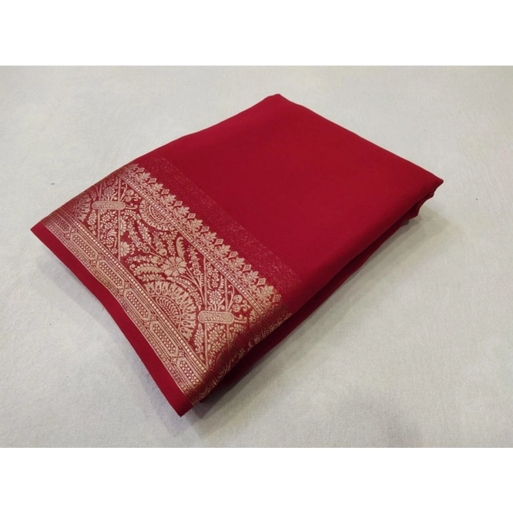 Amfyn Women's Crepe Chit Pallu Solid Saree With Unstitched Blouse 5.5Mtr (Red)