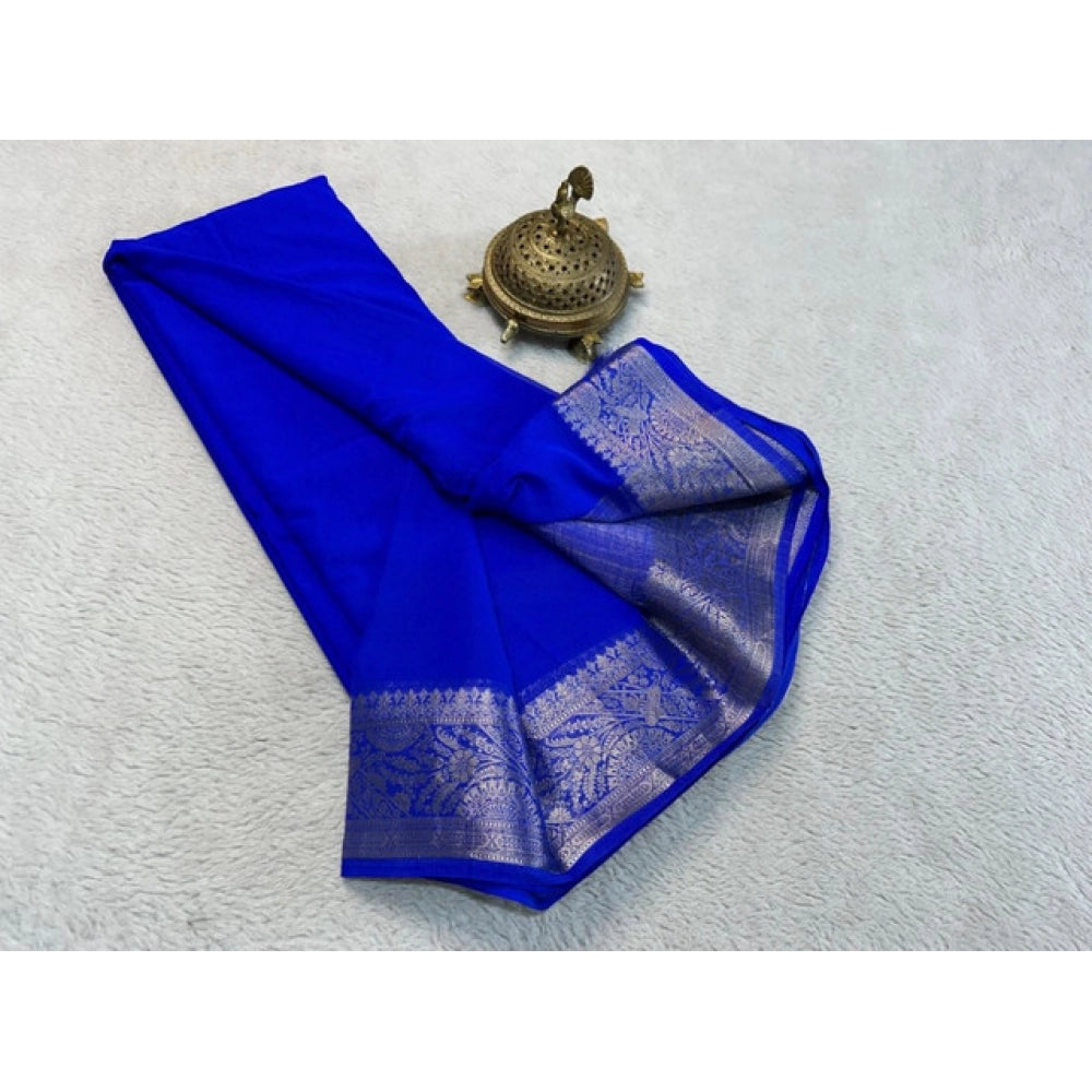 Amfyn Women's Crepe Chit Pallu Solid Saree With Unstitched Blouse 5.5Mtr (Navy Blue)