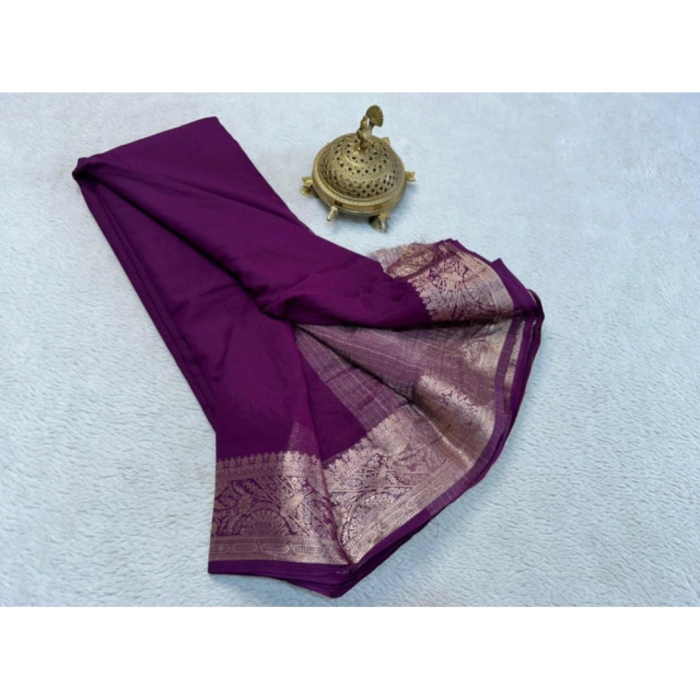 Amfyn Women's Crepe Chit Pallu Solid Saree With Unstitched Blouse 5.5Mtr (Purple)