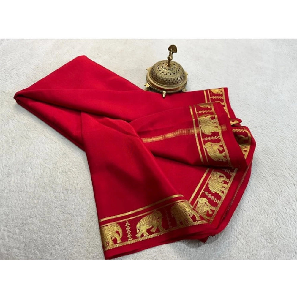 Amfyn Women's Crepe Chit Pallu Solid Saree With Unstitched Blouse 5.5Mtr (Red)