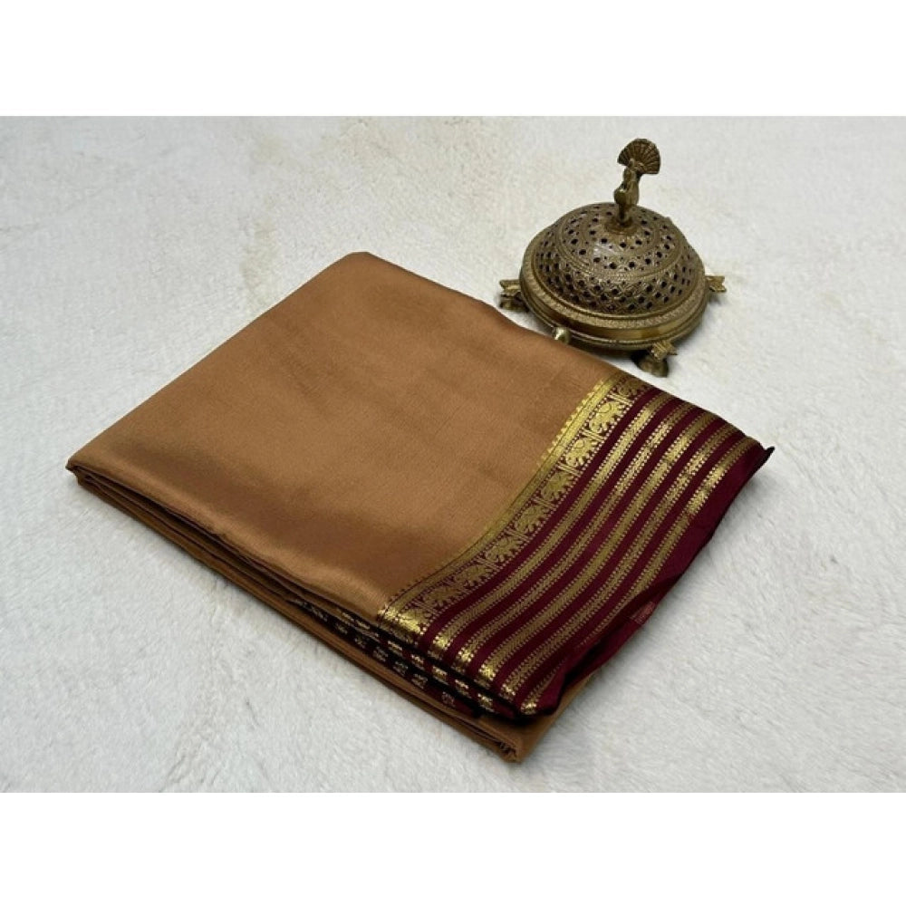 Amfyn Women's Crepe Chit Pallu Solid Saree With Unstitched Blouse 5.5Mtr (Beige)
