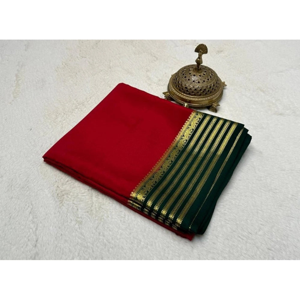 Amfyn Women's Crepe Chit Pallu Solid Saree With Unstitched Blouse 5.5Mtr (Red)